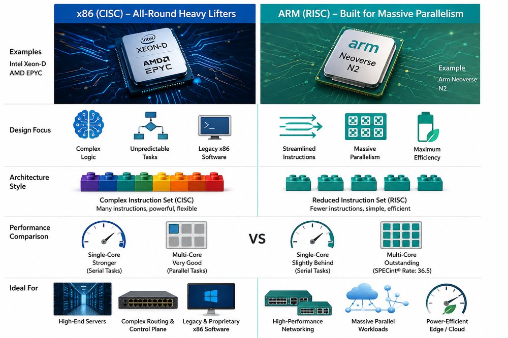 Comparison of x86 (CISC) and ARM (RISC) architecture: design focus, instruction set style, performance, and ideal use cases.