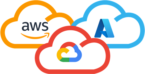 AWS, Google Cloud, and Microsoft Azure cloud logos overlapping.