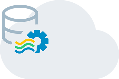 Cloud icon with a database and gear, representing synchronized hybrid data processing.